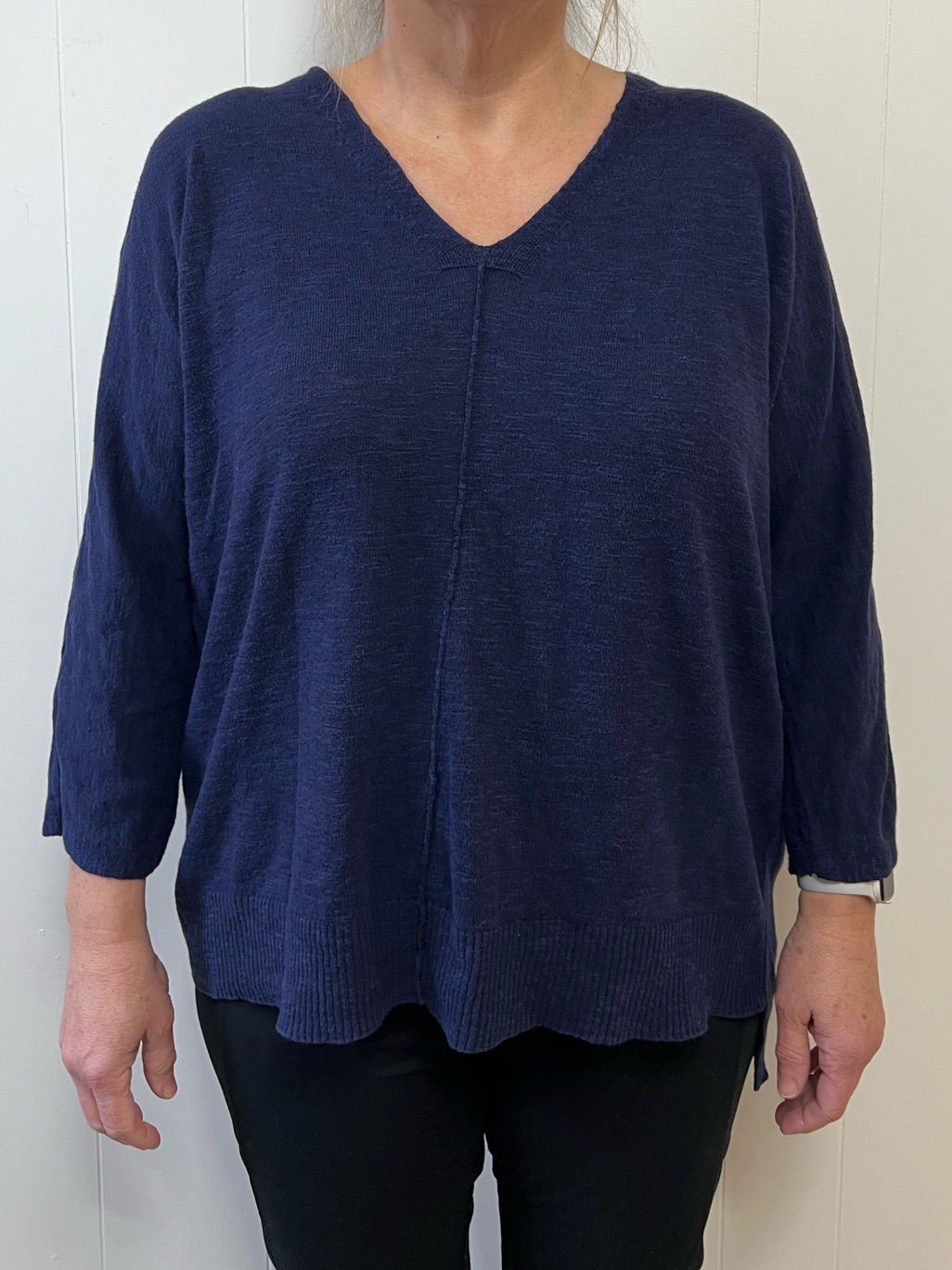 Eileen Fisher Organic Linen Cotton Slub V Neck Navy Blue Indigo Tunic Sweater L